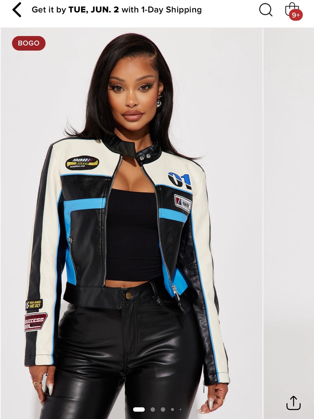 Fashion Nova Black, White & Blue Colorblock Moto Jacket